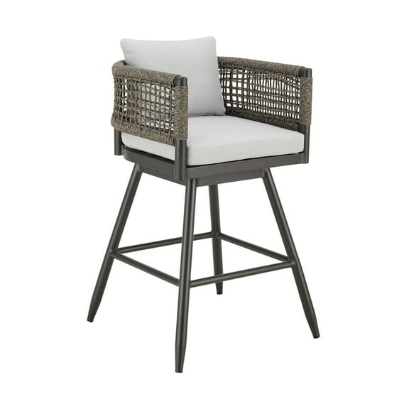 Maykoosh Rustic Revival Opulence Outdoor Patio Swivel Bar Stool - Aluminum Frame with Gray Rope and Light Gray Cushions, Available in 26" Counter or 30" Bar Height