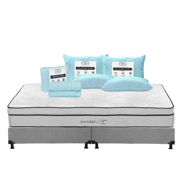Colchón King Size Lipa Restonic + Box + 2 Almohadas Trinity + Juego de Sábanas