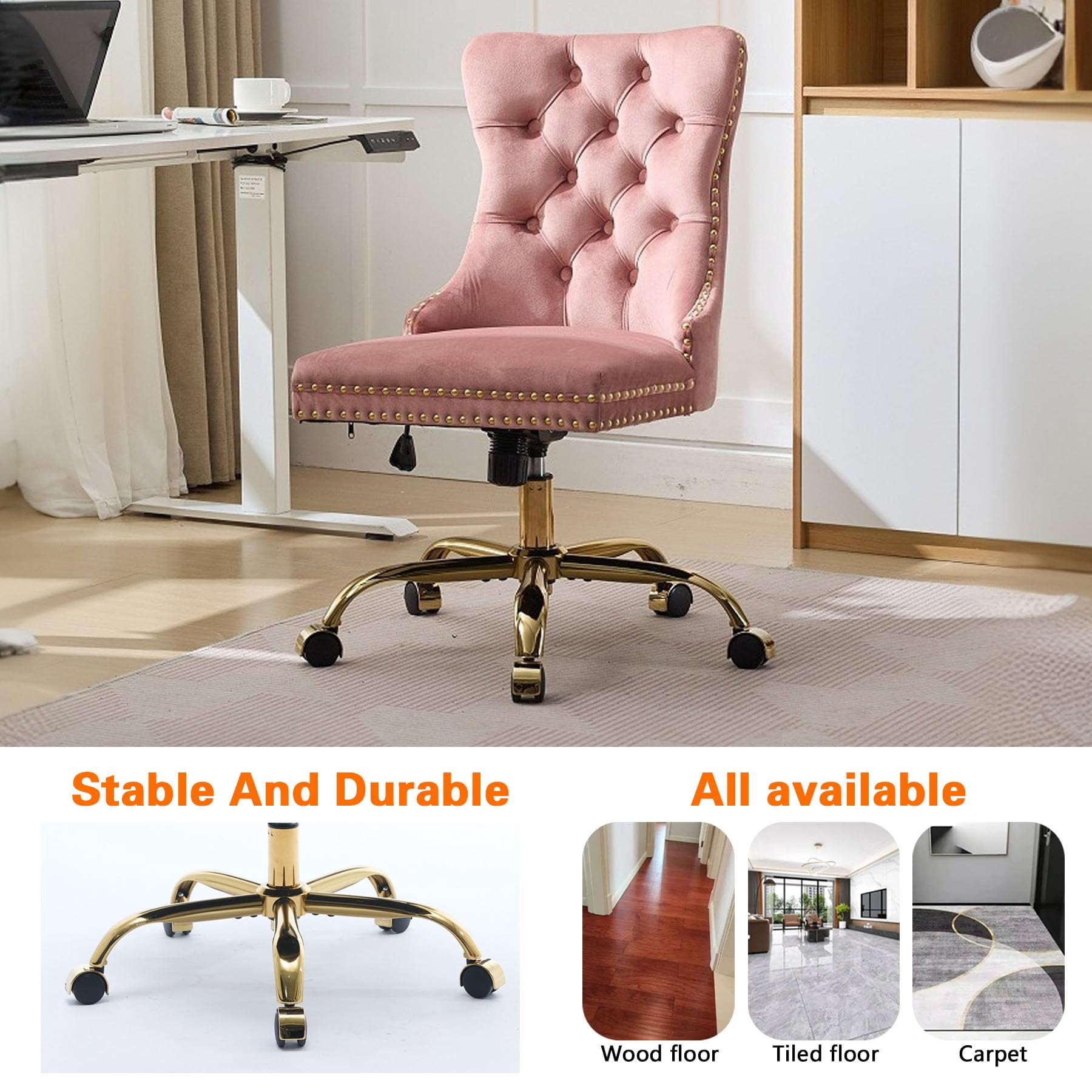 Pawverly Velvet Upholstered Office Chair, Tufted Button Swivel Desk Chair with Adjustable Height, Gold Metal Base & Wheels, Modern Vanity Chair, Pink