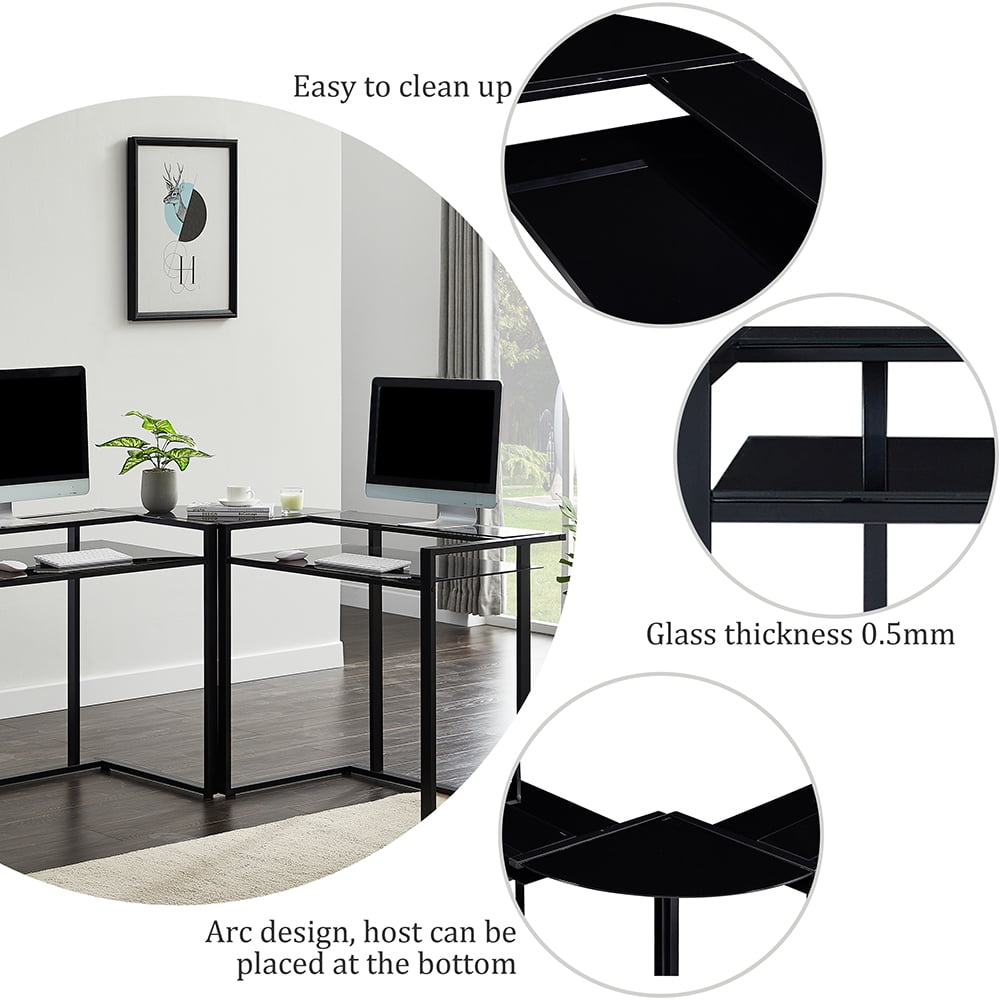 Lowestbest 56" Home Office Computer Desk, L-Shaped Glass Desk with Shelf, Round Corner Glass Workstation Desk, Black Lowestbest 56" Home Office Computer Desk, L-Shaped Glass Desk with Shelf, Round Corner Glass Workstation Desk, Black