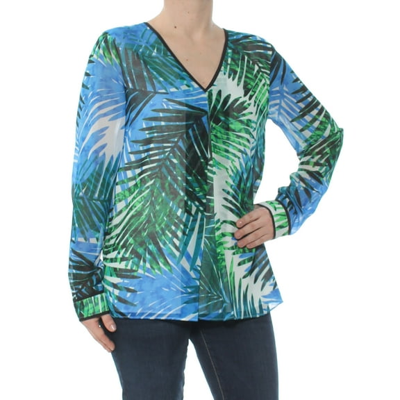 CALVIN KLEIN $79 Womens New 1014 Green Printed V Neck Long Sleeve Top S B B