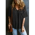 thumbnail image 5 of Women's Black Corded V-Neck Loose T-shirt with Chest Pocket, 5 of 12
