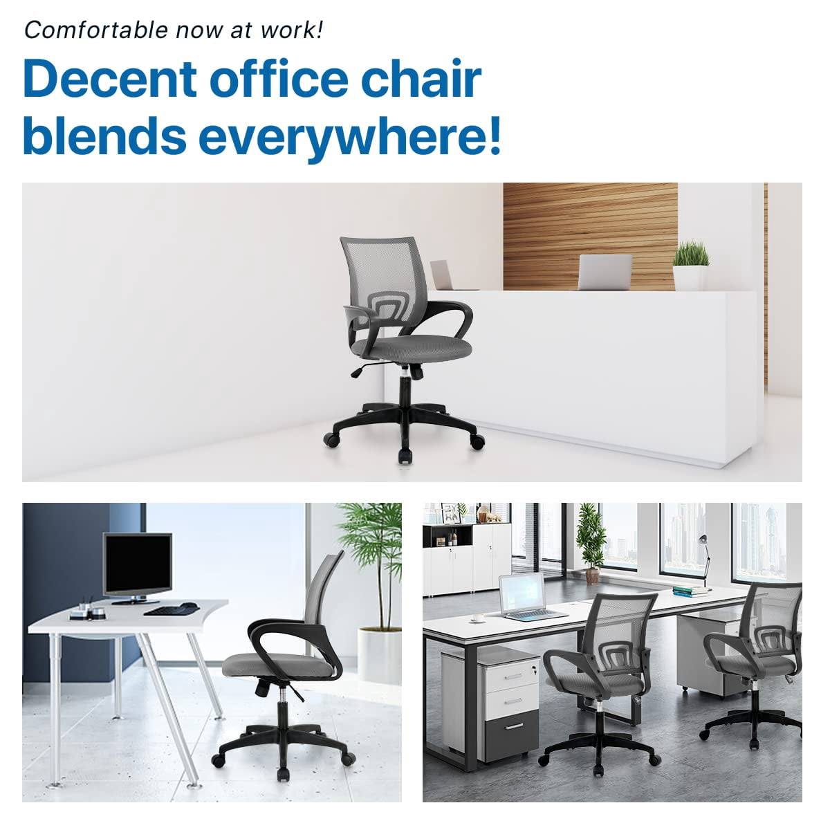 NiamVelo Mesh Office Chair, Mid-Back Home Office Chair Adjustable Ergonomic Desk Chair with Armrest, Rolling Swivel Chair for Adults, Grey