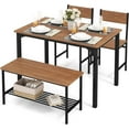 thumbnail image 1 of Gymax Ensemble de Salle à Manger 4 Pcs, Table Rustique, 2 Chaises et Banc avec Tablette de Rangement, Brun, 1 of 10