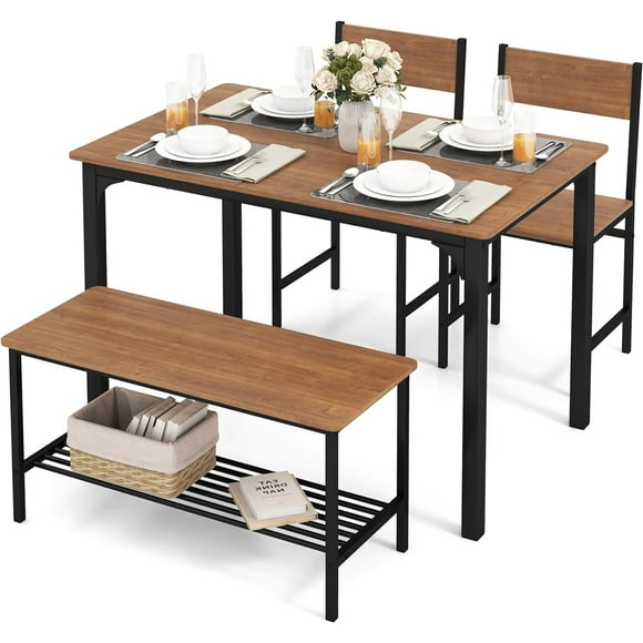 Gymax 4pcs Dining Table Set Rustic Desk 2 Chairs & Bench w/ Storage Rack Brown