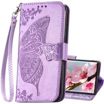 for Samsung Galaxy S23 Ultra Case Wallet,Women Flip Folio Cover with Credit Card Holders Butterfly Embossed PU Leather Kickstand Wrist Strap Phone Case for Galaxy 23 Ultra 5G (Lavender)