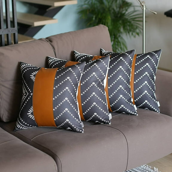 Boho Set of 4 Handcrafted Decorative Throw Pillow Cover Vegan Faux Leather Geometric 17" x 17" Brown & Ivory Square for Couch, Bedding
