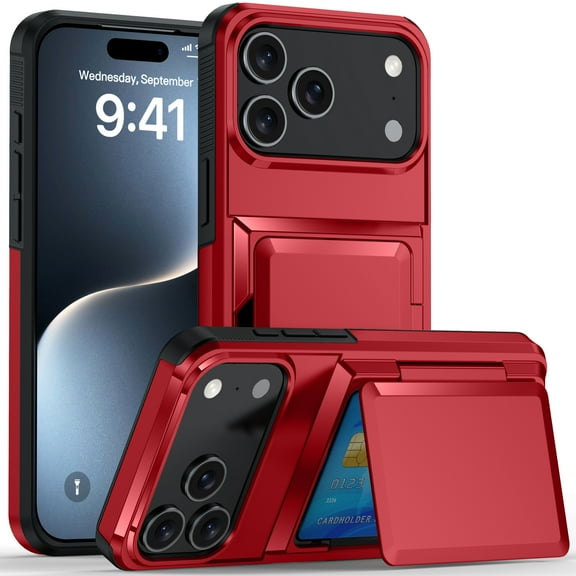 For iPhone 17 Pro Case with Card Holder Heavy Duty Protective Kickstand Dual Layer Shockproof Hidden Card Slot Slim Wallet Military Protection Rugged Case for iPhone 17 Pro,Red