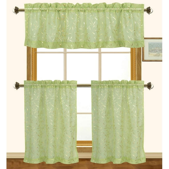 Kashi Home Jane 3 Piece Kitchen Curtain Set Printed Foil Leaves Sheer Fabric Sage/Gold