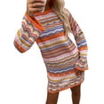 thumbnail image 5 of Women Long Sleeve Crochet Dress Boho Casual Hollow Out Striped Short Dress Knit Sweater Mini Dress, 5 of 8