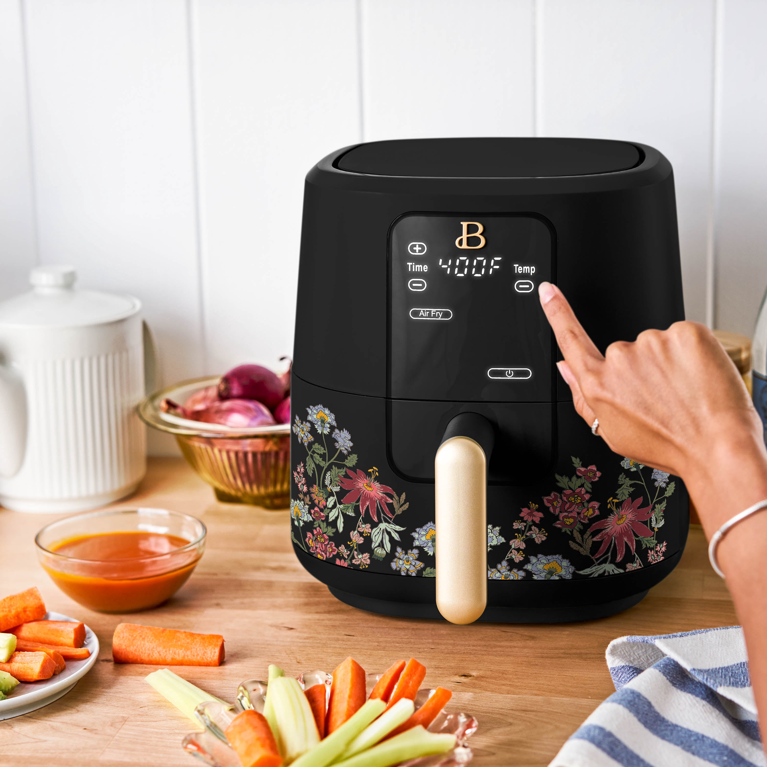 Beautiful 3 Qt Air Fryer with TurboCrisp Technology, EverGood Ceramic Nonstick Coating, Wildflower Black Sesame by Drew Barrymore