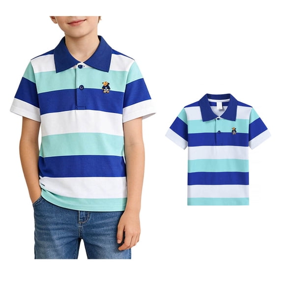 Toddler Boys' Polo Shirts Short Sleeve Boys Cute Embroidered Striped Button down Shirt Back to School Shirt Lightweight Casual Shirts for Boys 2-3 Years