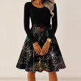 thumbnail image 6 of Women's Casual Dress Long Sleeve Round Neck New Year Printed Vintage Loose Fit Midi Dress for Spring Fall Holiday,Black,L, 6 of 7