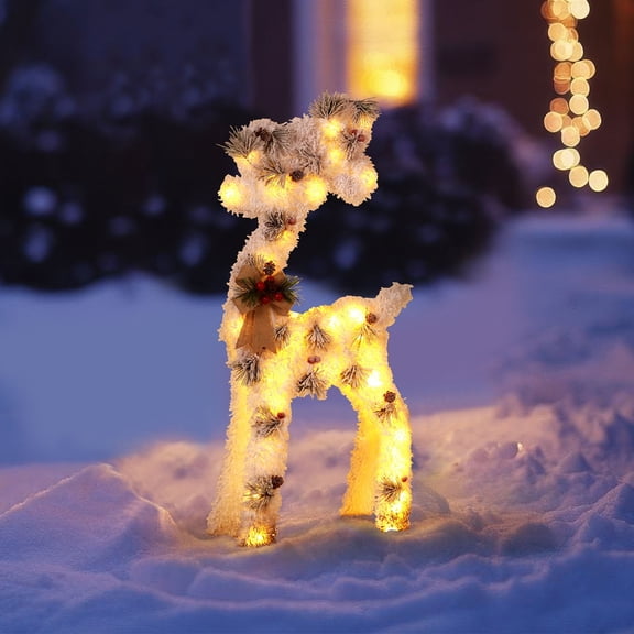 Christmas Lighted Reindeer Decorations, Outdoor Indoor LED Light-Up Reindeer Figures with Pinecones & Bows for Holiday Yard Lawn Garden Decor, Small