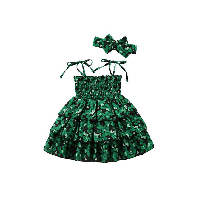 Xingqing Robe de Saint-Patrick pour Bébé Fille Sans Manches à Bretelles Spaghetti + Bandeau