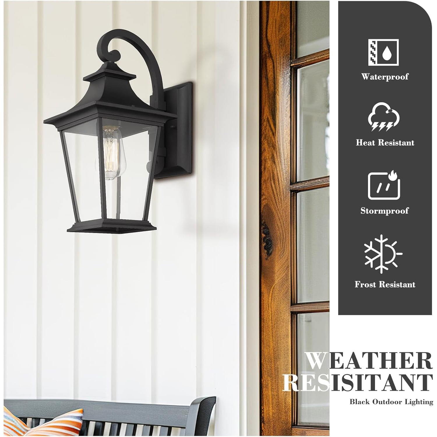 Emliviar Outdoor Wall Lantern, 18" Exterior Wall Mount Light with Clear Glass in Black Finish, 500181