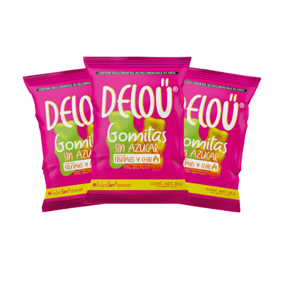 Gomitas sin azúcar Deloü sabores frutales Con chile Pack 12 piezas