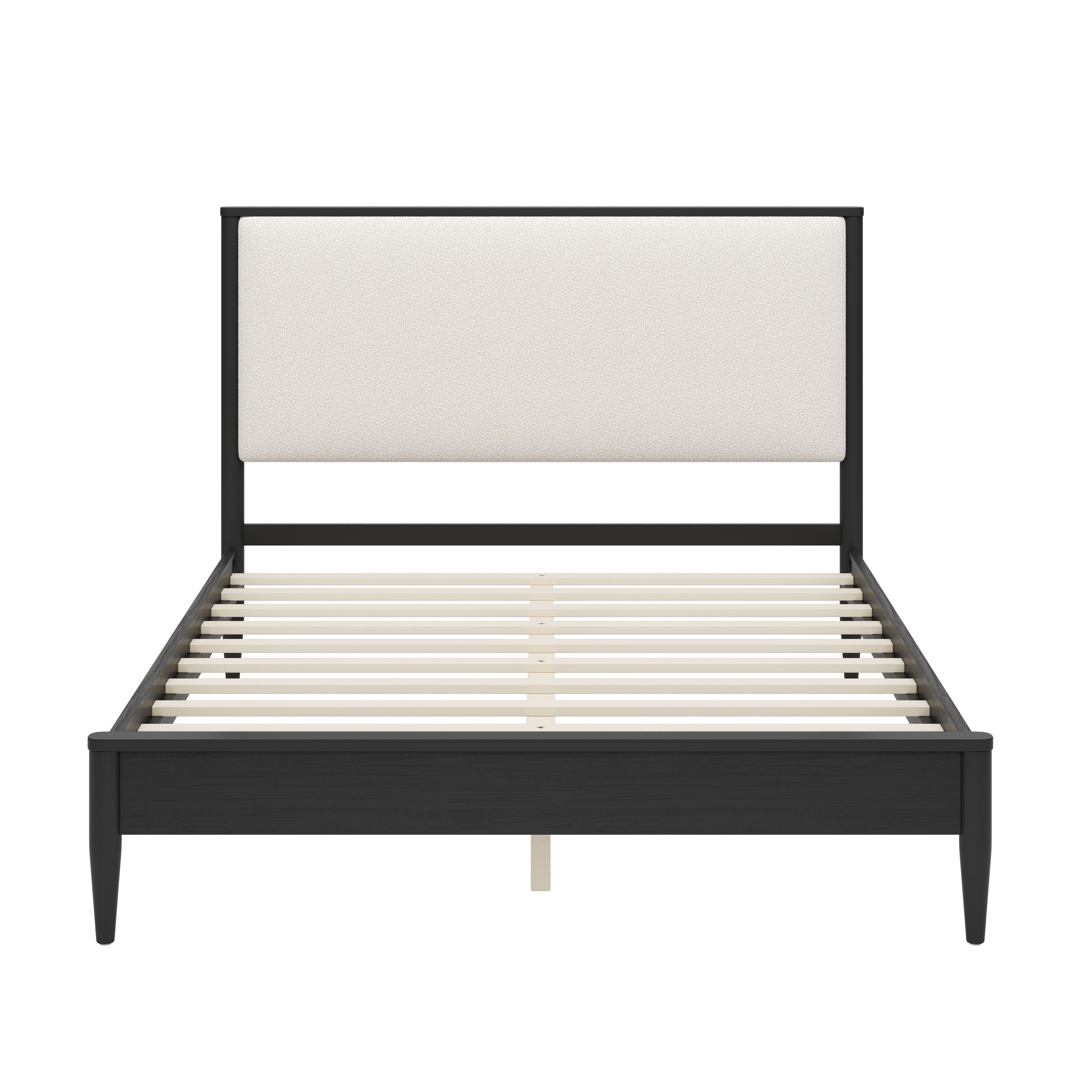 Euroco Wood Queen Size Platform Bed, Mid-Century Modern Style Platform Bed with Boucle Upholstered Headboard, Black
