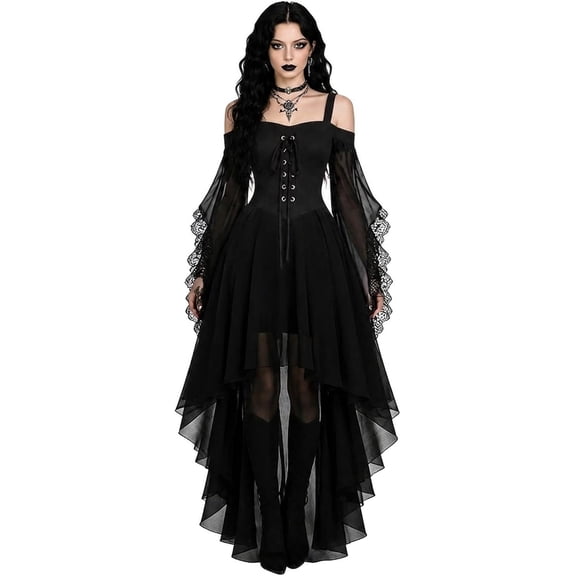 Women Gothic Halloween Costume Dress Medieval Renaissance Renaissance Vintage Cold Shoulder Butterfly Sleeve High-Low Mesh Gown for Halloween Party Cosplay Outfit