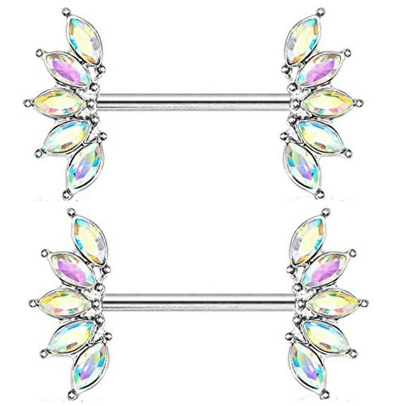 Body Accentz Nipple Ring 5 Marquise Crystals Fan Ends 316L Surgical Steel Barbell Bar (AB)