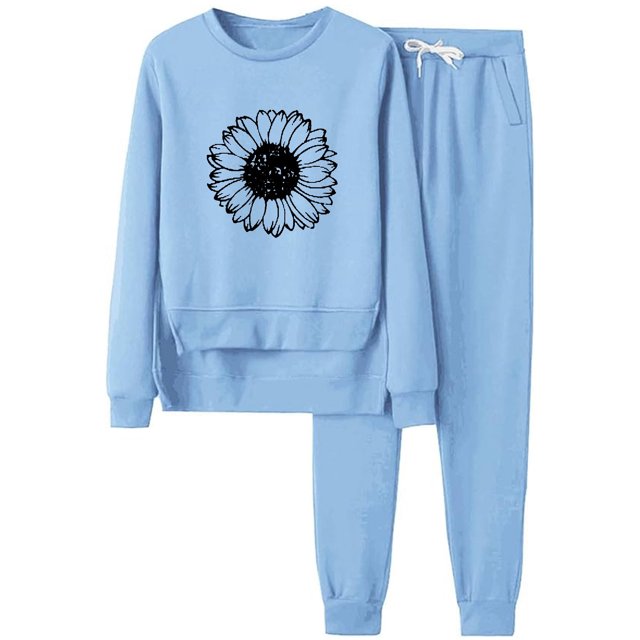 Gibobby Conjunto de sudadera para mujer Trajes informales de mujer con estampado de girasol , cuello redondo, manga larga y pantalones largos, para las tempor(Azul,CH)