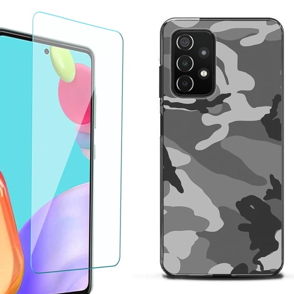 Slim-Fit Flexible TPU Gel Phone Case (black) for Samsung Galaxy A52 5G, with Tempered Glass Screen Protector, by OneToughShield ® - Camo B/W