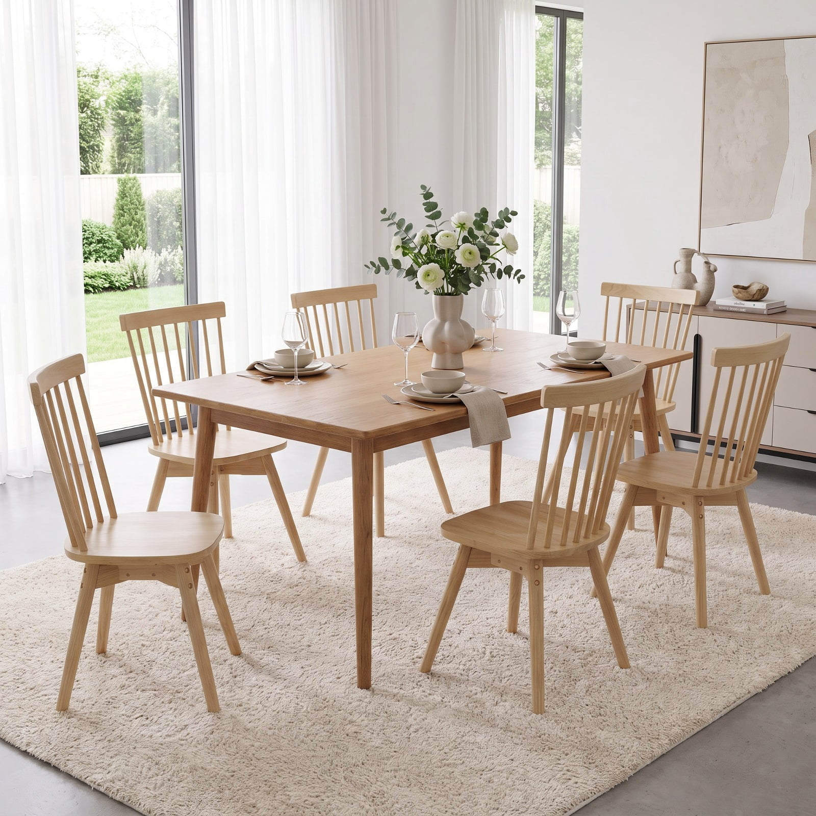 Furnibear Windsor Dining Chairs Set of 2 Mid Century Rubber Wood Kitchen Chairs with Swivel Seat for Kitchen Dining Room Living Room Home, Natural