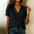 thumbnail image 2 of Babysbule Women's V-Neck Ruffle Collar Puff Short Sleeve Button Front Relaxed Fit Casual Blouse Everyday Top, 2 of 8