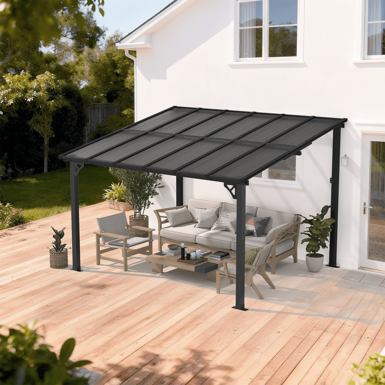 BaPiPro 12x10 ft Wall-Mounted Hardtop Gazebo with Polycarbonate Roof, Aluminum Frame, Outdoor Patio Cover for Poolside or Backyard, UV Resistant
