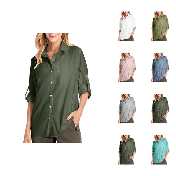 Long Sleeve Shirts for Women Spring Chiffon Roll Up Sleeve Button Down Lapel Collar Dressy Casual Office Work Blouse Tops