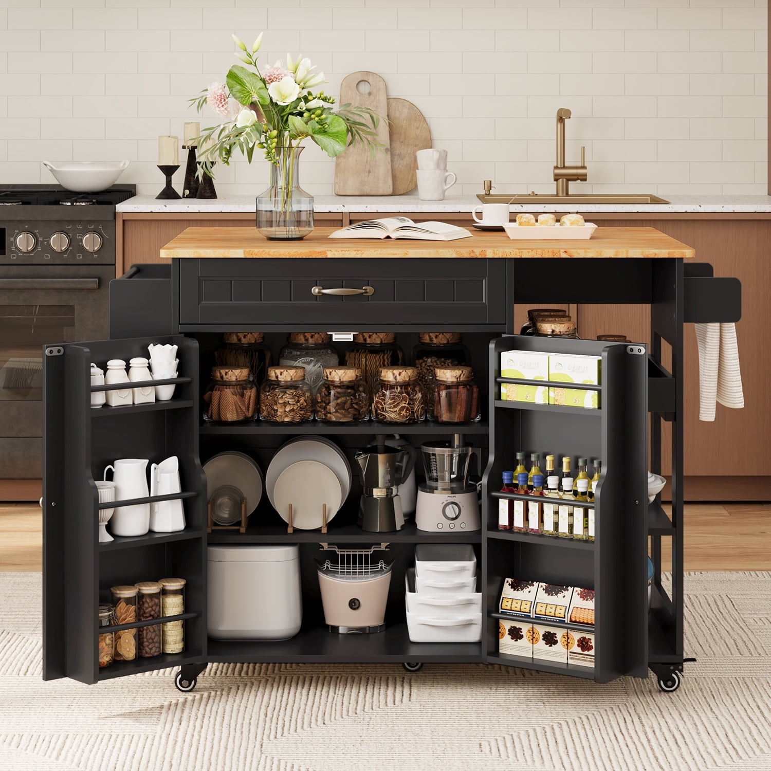 Kitchen Island with Storage, Lofka 41.7” Kitchen Island Cart with Drop Leaf, 1 Removable Tray, 2 Shelves, 1 Cabinet, Black