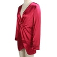 thumbnail image 3 of Vestido de escote en V profundo, ajustado, de moda, para mujer, de manga larga, con abertura, para fiesta, rosa, rojo, L, 3 of 15