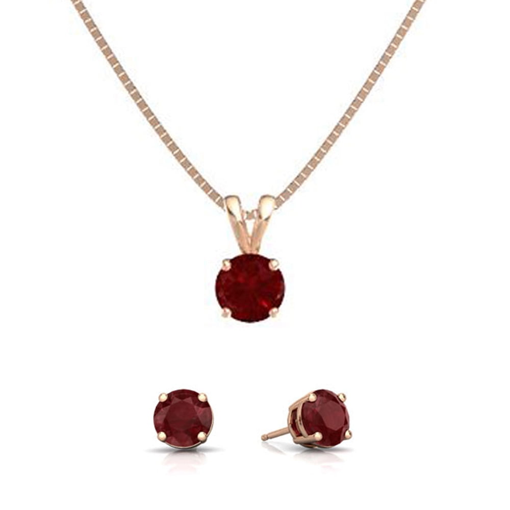 18K Rose Gold 4ct Ruby Round 18 Inch Necklace and Earrings Set Plated By PJ Jewelry