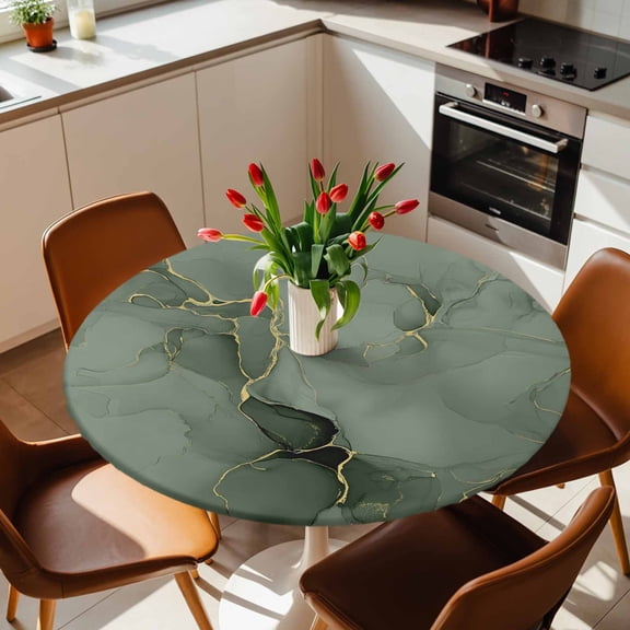 Abstract Modern Sage Green Marble Round Fitted Tablecloth with Elastic Edge,Waterproof Table Cloth Fits Tables Up to 45"-54",Washable Table Cover for Indoor Outdoor,Natural Texture Gold Stripe