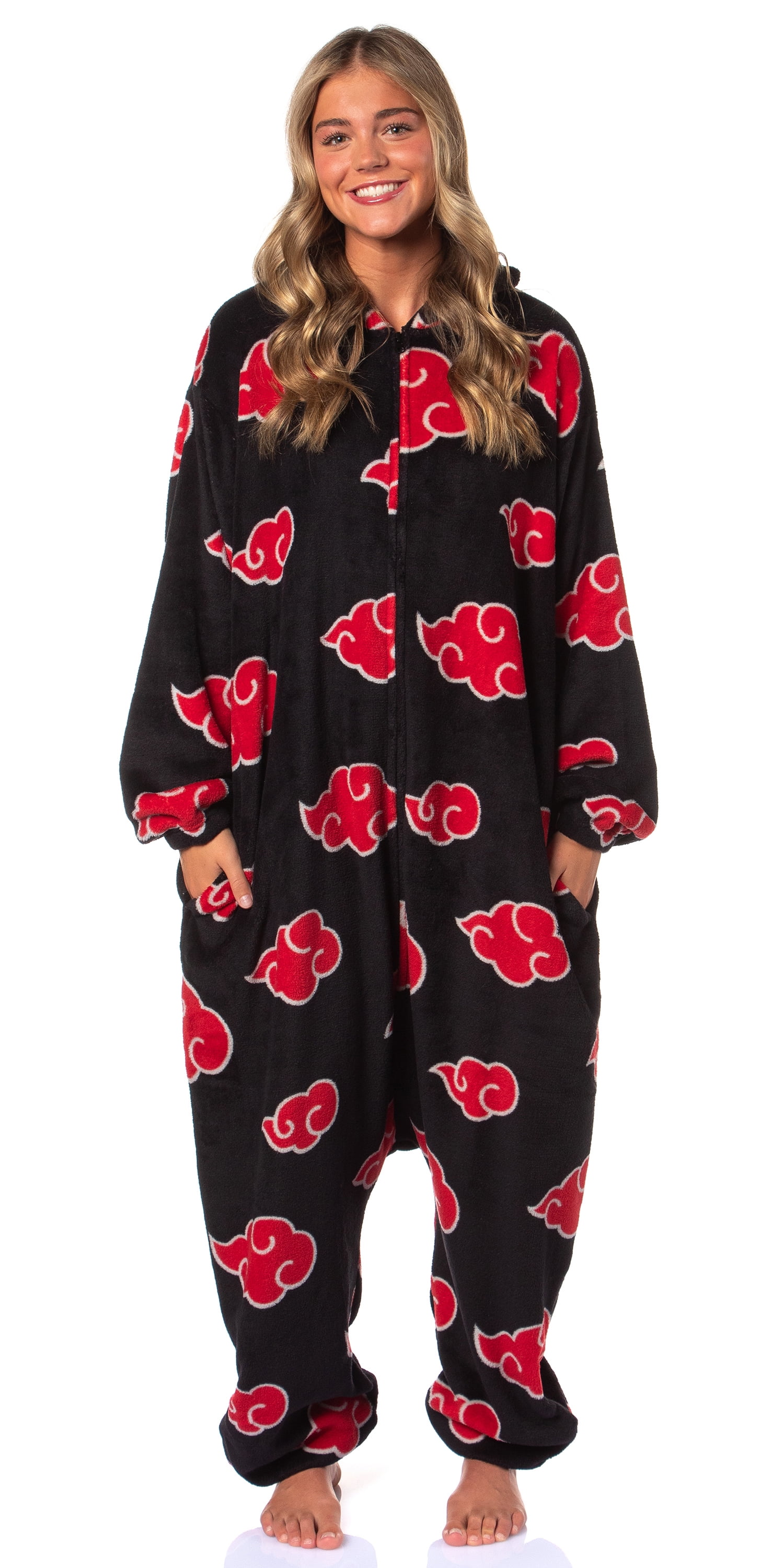 Naruto Shippuden Akatsuki Red Clouds Shinobi Anime Adult Kigurumi One Piece Costume Loungewear Sleep Pajama Union Suit