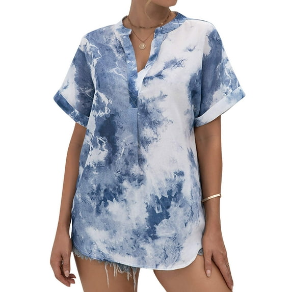 Xuanfei Women Tie-Dyed V Neck Cuffed Short Sleeve Curved Hem Pullover Blouse
