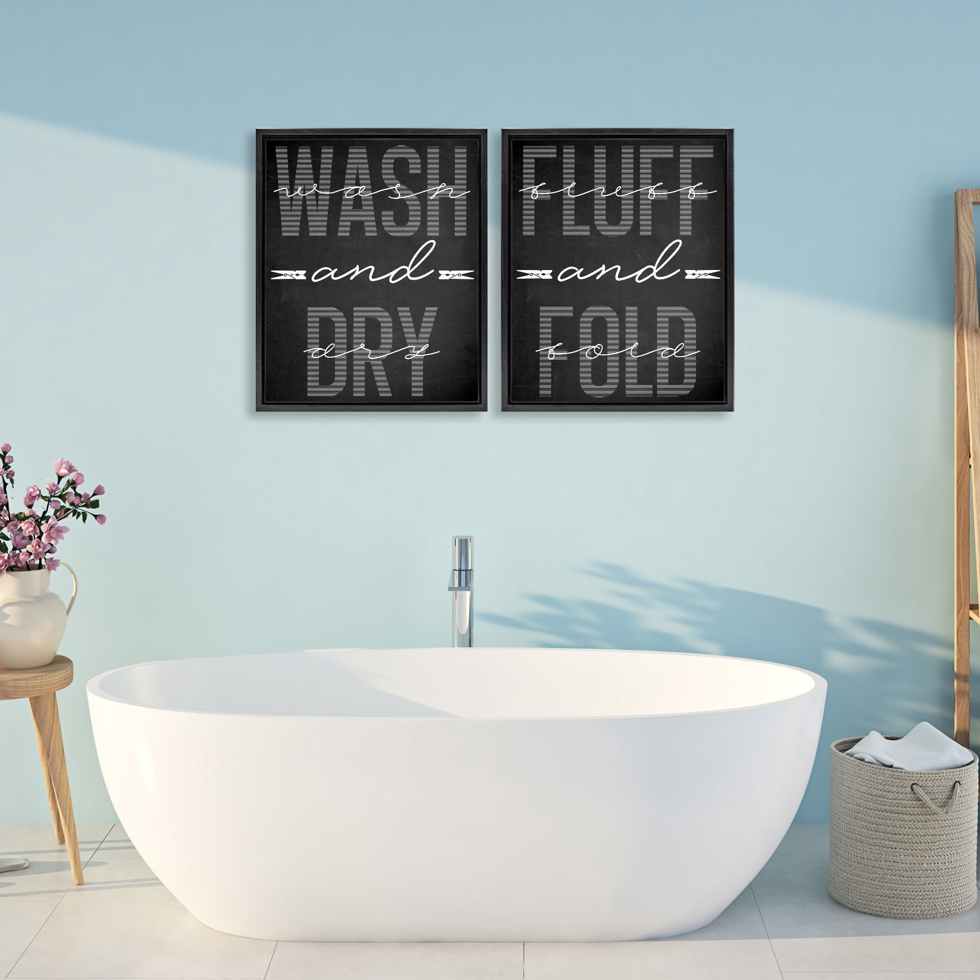 Laundry Words in Black 2 Piece Black Framed Floater Canvas Set, design by Marcus Prime
