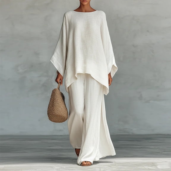 Morttic Women‘s Casual Solid Color Long Sleeve T-Shirt & Wide Leg Pants Set Spring/Summer Lounge Outfit White,S