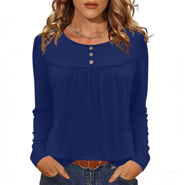 Camisas de Manga Corta para las Mujeres Casual Color Sólido Blusas Plisadas, Moda Cuello Redondo Tops de Verano para la Fiesta