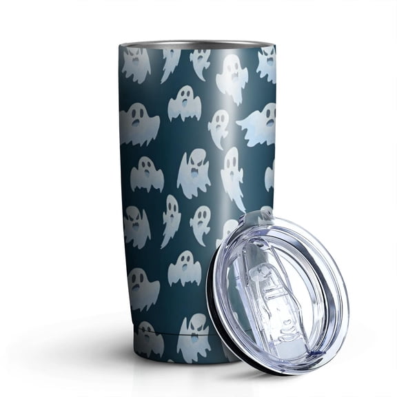 20oz Tumblers Dark Blue Halloween Ghosts Stainless Steel Vacuum Insulated Double Wall Travel Tumbler Cups Mug with Lid and Straw,Cleaning Brush for Cold & Hot Drinks