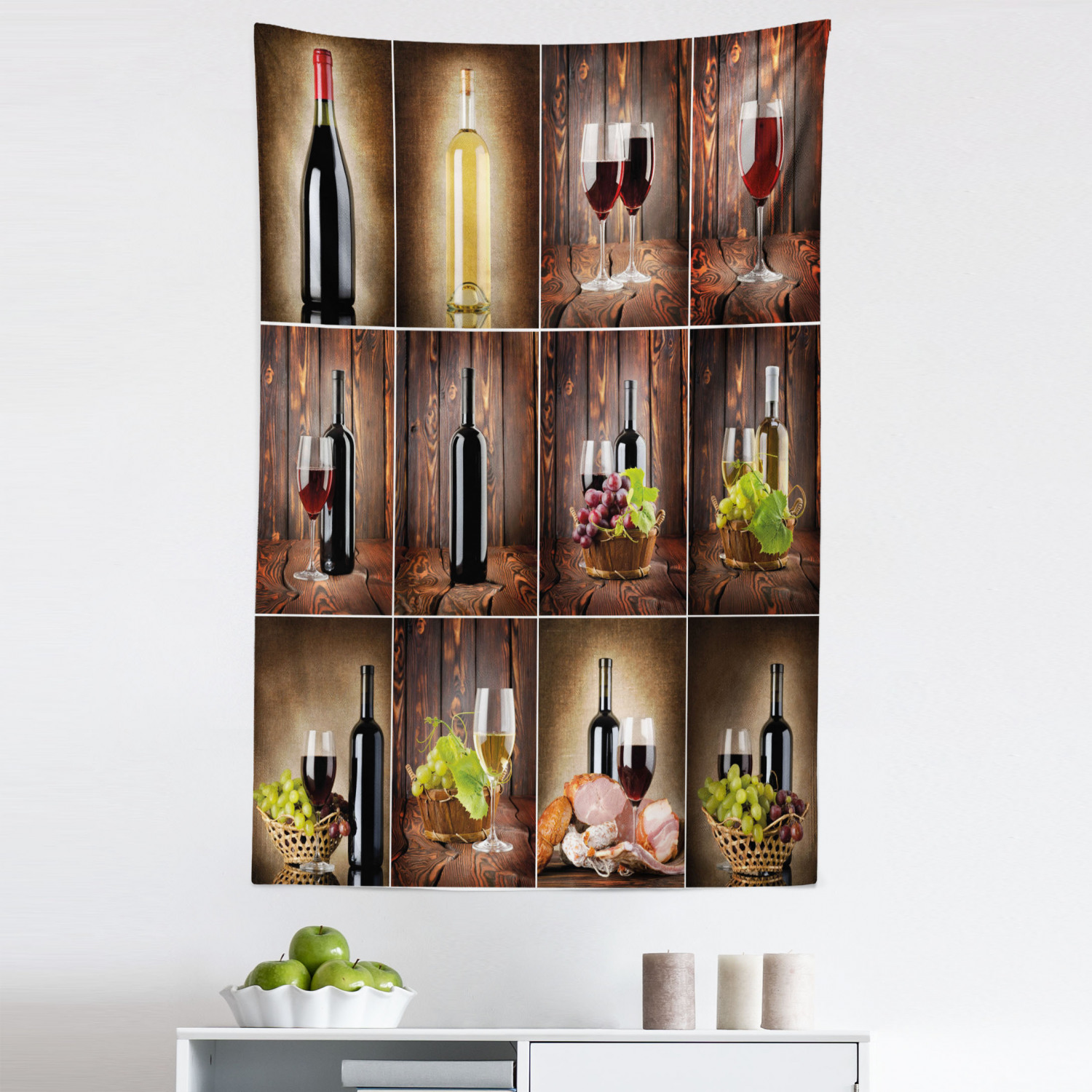 Wine Tapestry, Drink Themed Collage on Wooden Backdrop Grapes and Meat ...