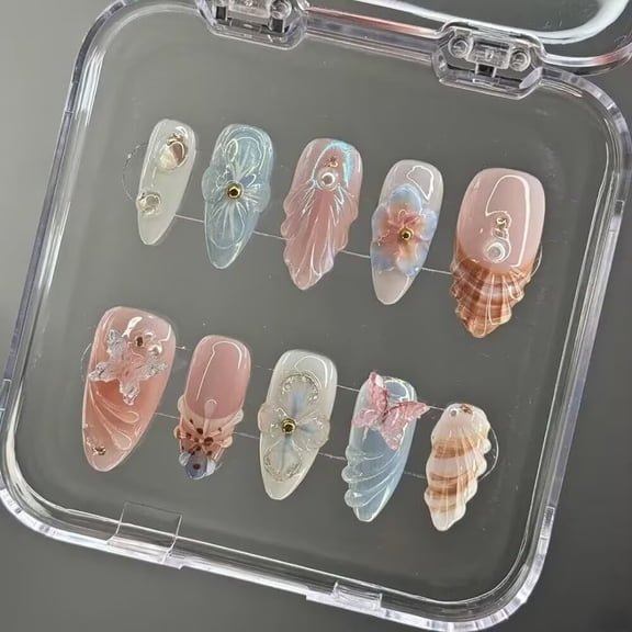 Women’s Press On Nails – Handmade Almond Shape with 3D Floral Design, Thick Layered Gel Acrylic, Reusable Artistic Fake Nails Set (10Pcs)