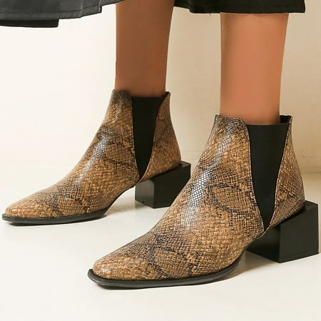 

Women Boots Pointed Snake Pattern Square Heel Oversized Booties