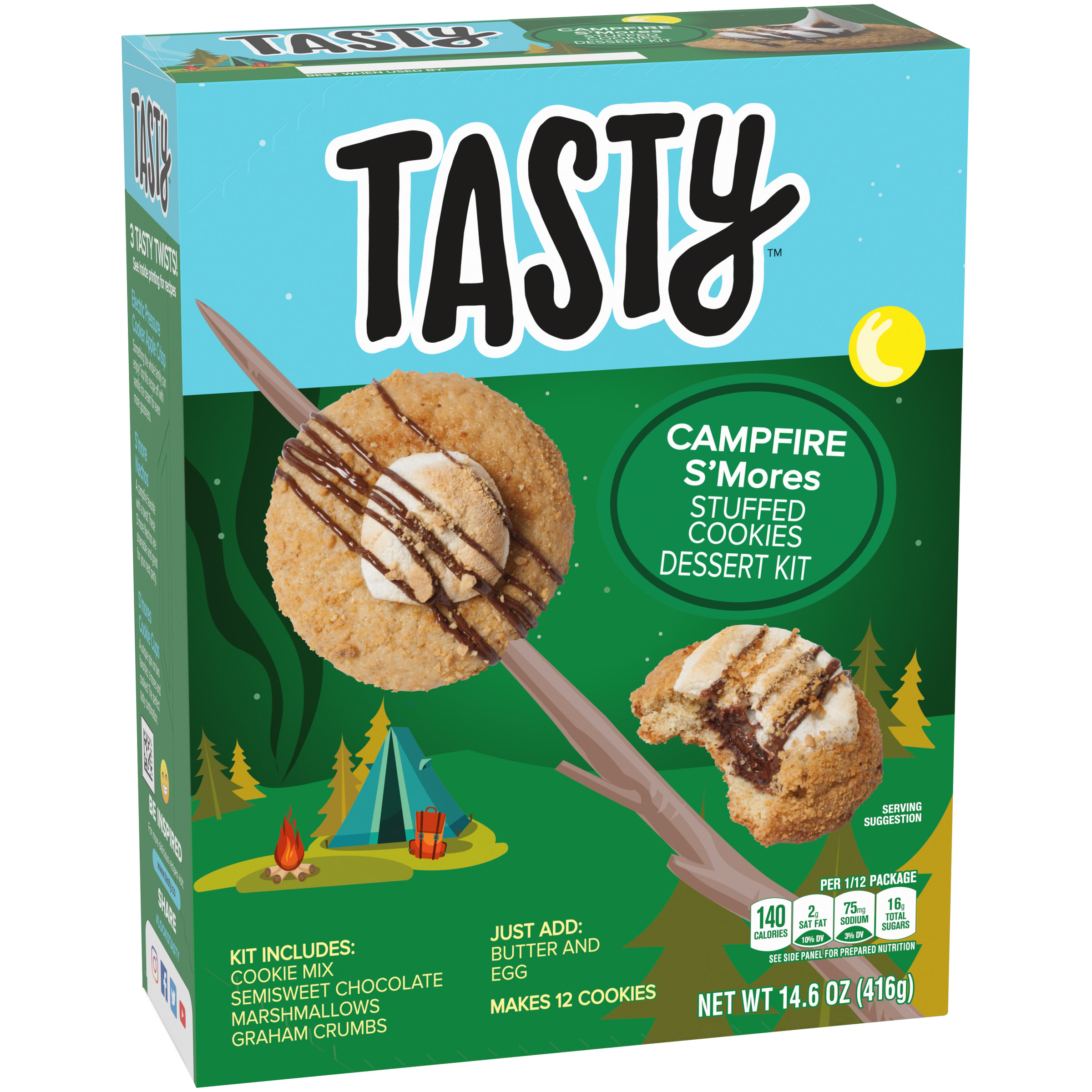 Tasty Campfire S'Mores Stuffed Cookies Dessert Kit with Cookie Mix, Chocolate Marshmallows & Graham Crackers, 14.6 oz Box
