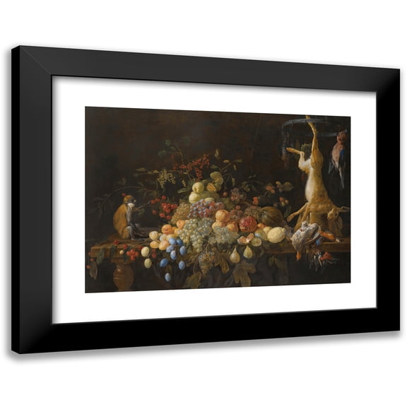 Adriaen van Utrecht 14x11 Black Modern Framed Museum Art Print Titled - A Still Life with Grapes, Figs, Apples, Oranges, Apricots, Lemons, a Melon, Loganberries, an Open Pomegranate and Cher