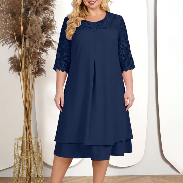 Uootdi Robes Grande Taille pour Femmes Col Rond Manches 3/4 Robes Brodées Élégantes Robes Midi Formelles Tenue de Fête Cadeau