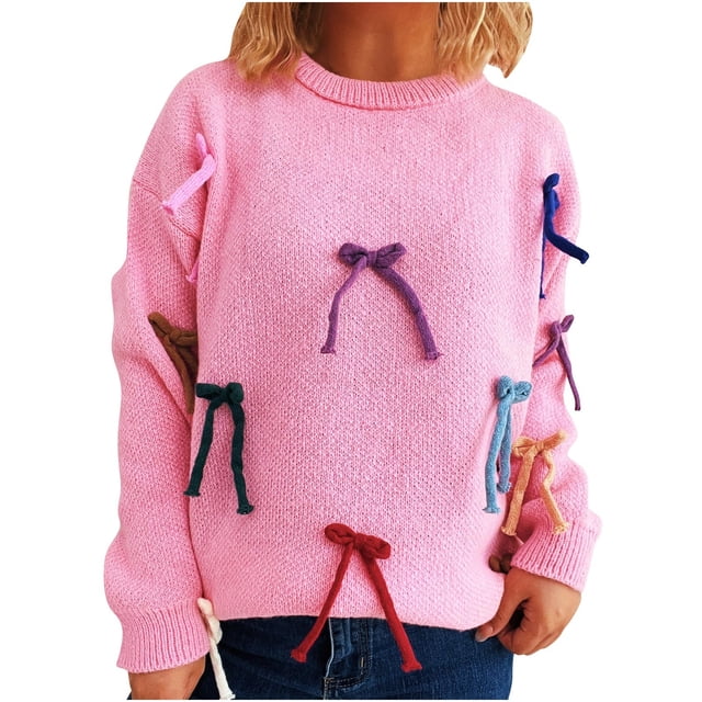 Lenpel Chandails pour Femmes Doux à Manches Longues Col Rond Tricoté avec Nœuds Amples Décontractés (Rose, Grand)