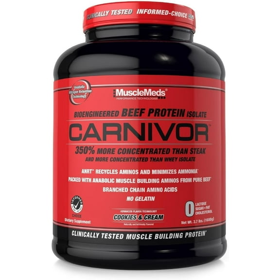 MuscleMeds CARNIVOR Beef Protein Isolate Powder, Lactose Free, Sugar Free, Fat Free, 23g Protein, Cookies and Cream, 56 Servings