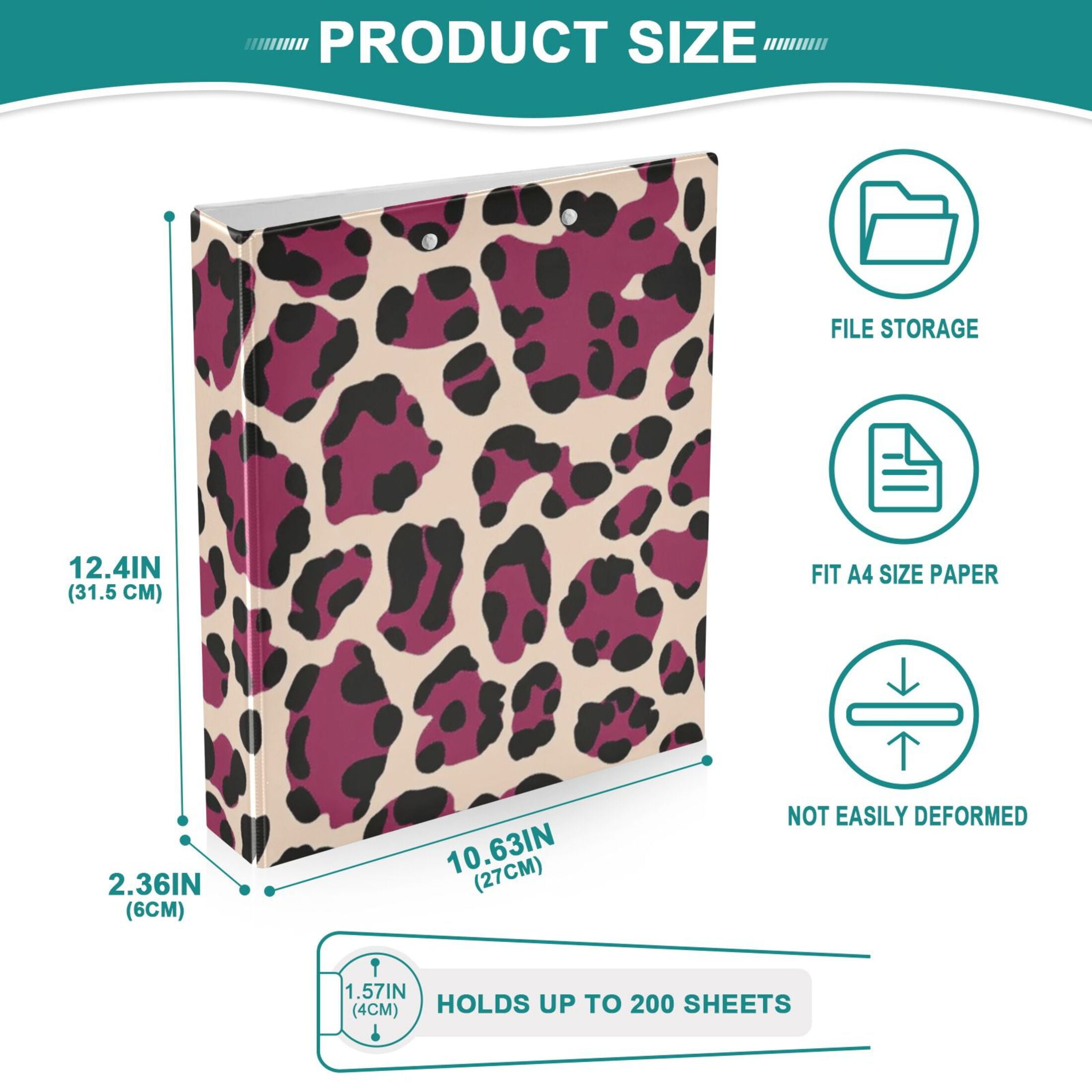 Leopard Print Pink 3 Ring Binders 1.5 inch Hardcover File Folders with Interior Pockets A4 Size Organizer for School Office Hospital