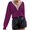 thumbnail image 1 of Blusa de manga larga de color sólido a la moda para mujer Tops informales con cuello en V de encaje Fridja  bvmnju3542, 1 of 5